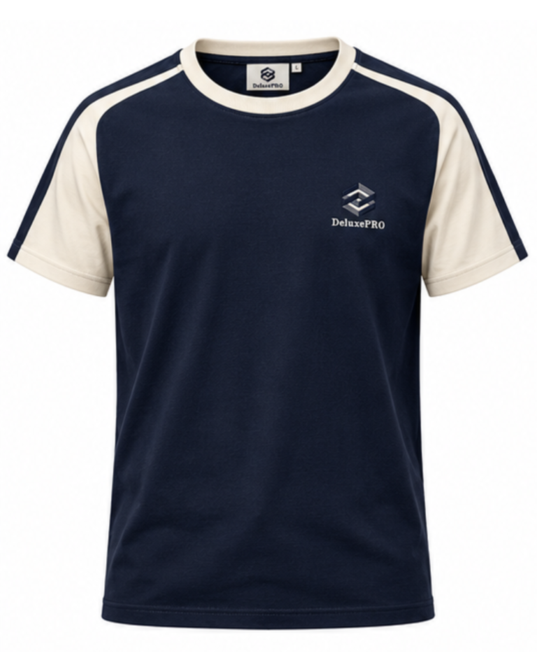 DeluxePRO Keel men's t-shirt in midnight navy and warm ivory, front view, laid flat