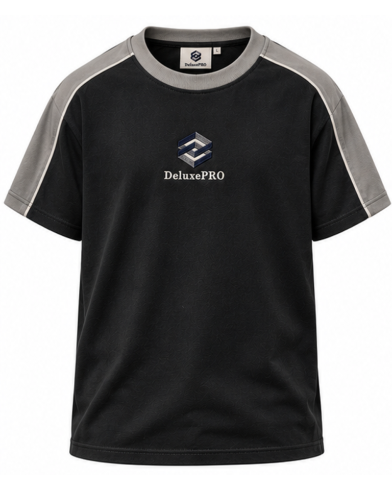 DeluxePRO Night Shift men's t-shirt in charcoal black and stone gray, front view, laid flat