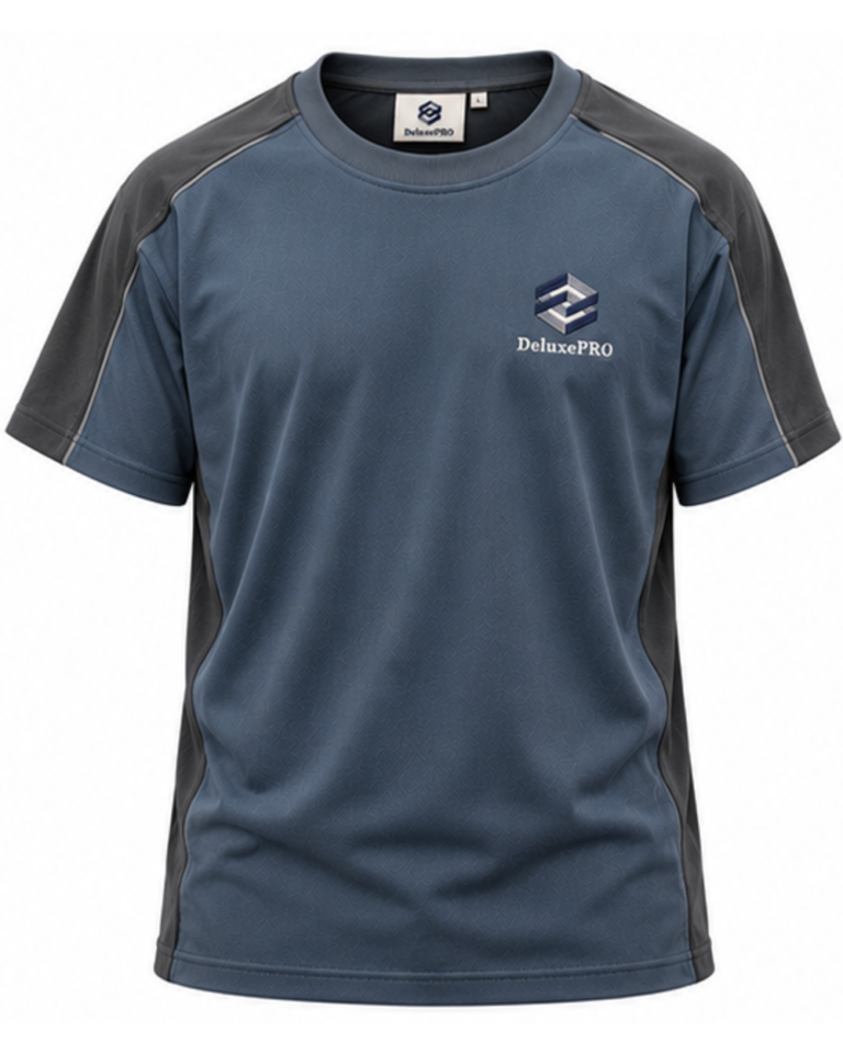 DeluxePRO Tempo men's t-shirt in steel blue and graphite gray, front view, laid flat